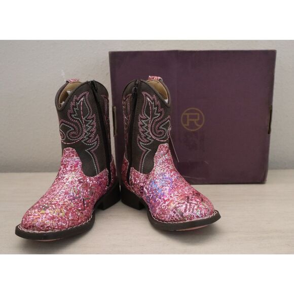 Roper Toddler Girls Sz 5 Glitter Aztec Pink/Brown Faux Leather Cowboy Boots - Picture 1 of 16